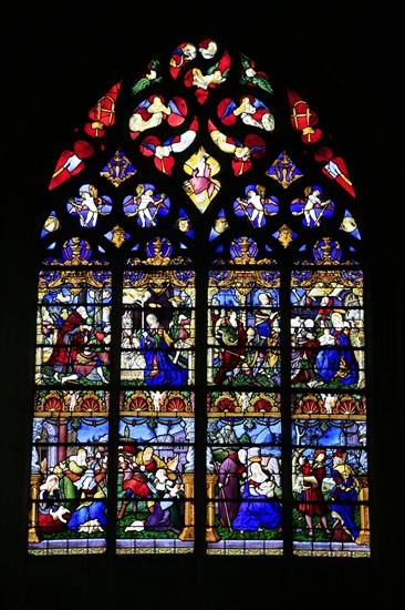 Leaded glass window Birth of Jesus in the Collegiate Church of Notre-Dame-en-Vaux