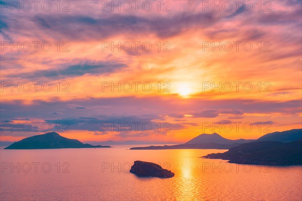 Aegean Sea with Greek islands view on sunset