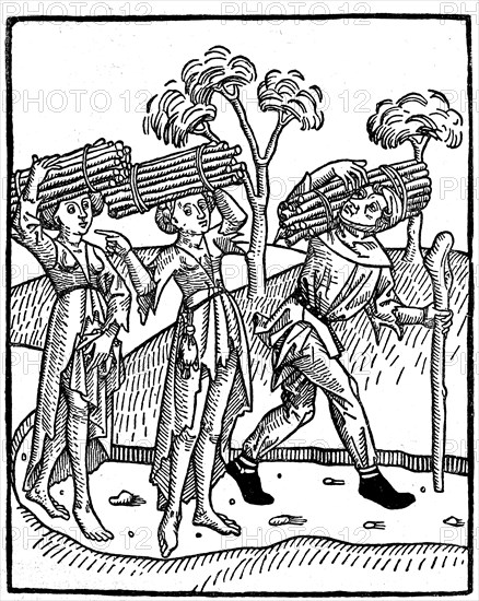 Peasants carrying wood home from the forest. From the Book of Wisdom of Old Masters