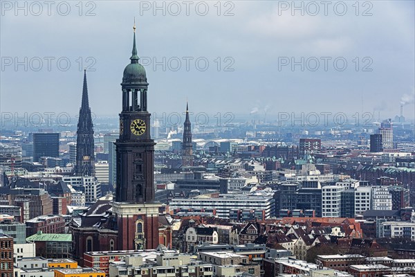 View from above of the Hamburg Michel and the city in the haze
