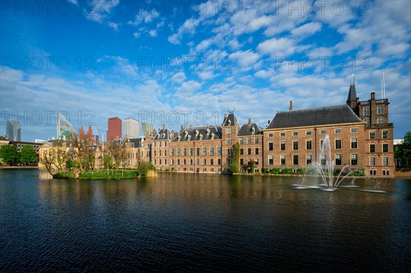 View of the Binnenhof House of Parliament and Mauritshuis museum and the Hofvijver lake