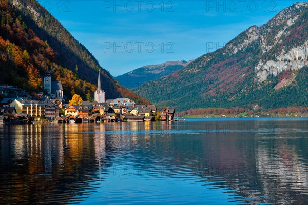Austrian tourist destination Hallstatt village on Hallstatter See lake in Austrian alps