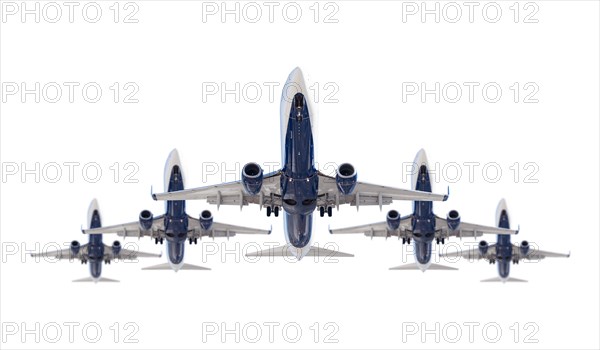 Five passenger airplanes in formation isolated on a white background