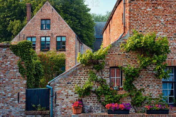 Old housesof Begijnhof Beguinage with flowers in Bruges town