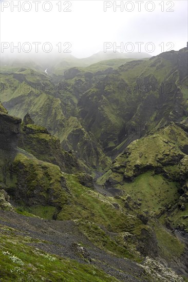 View into rugged moss-covered canyon with tufa rock formations