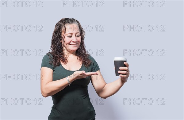 Smiling person with coffee on isolated background