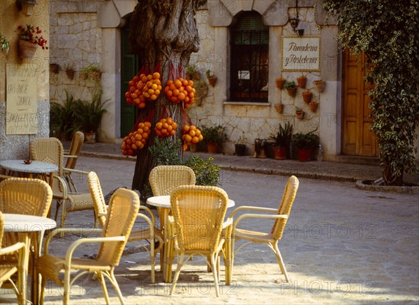 Comfortable sitting-room furniture in a street cafe Valldemossa Majorca Spain Comfortable living-room furniture in a street cafe Valldemossa Majorca Spain