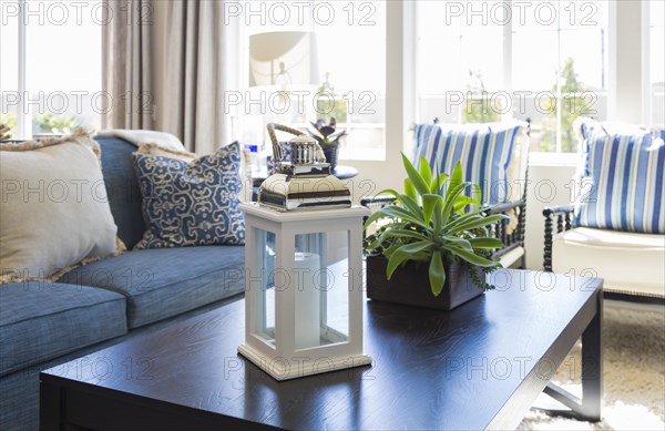 Beautiful blue accented living area with coffee table