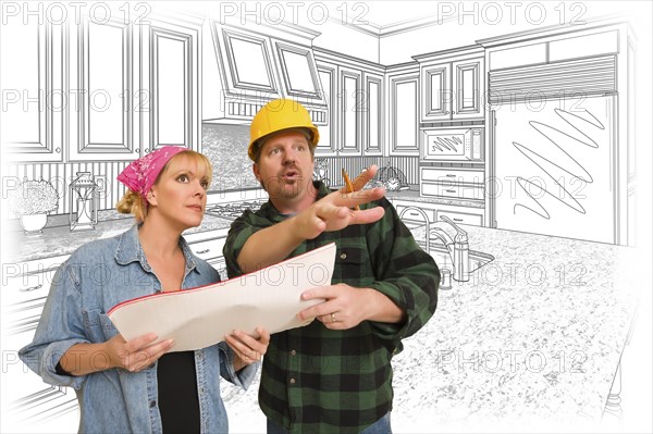 Contractor talking with customer over custom kitchen drawing