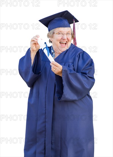 Happy senior woman and graduate in hat and gown holding diploma isolated on a white background