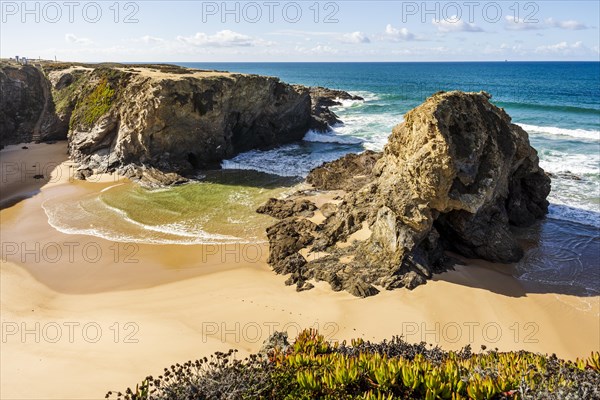 Beautiful landscape and seascape with rock formation in Samoqueira Beach