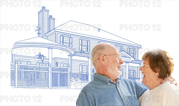 Happy senior couple over house drawing on white background