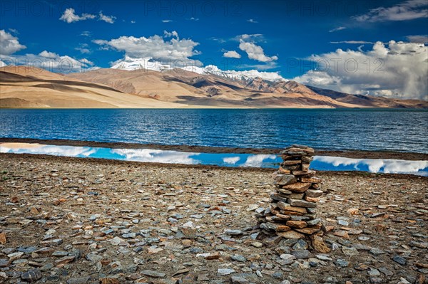 Stone cairn at Himalayan lake Tso Moriri