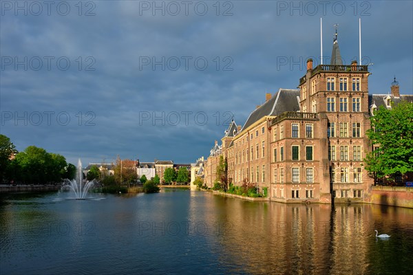 View of the Binnenhof House of Parliament and the Hofvijver lake