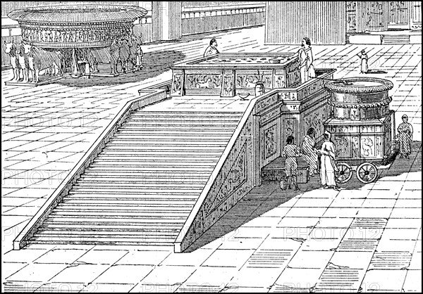 Altar of burnt offering and the brazen sea in the forecourt of the Temple in Jerusalem