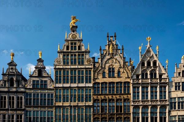 Antwerp row of 16th century old houses Monumental Guildhouses facades on Grote Markt square. Antwerp