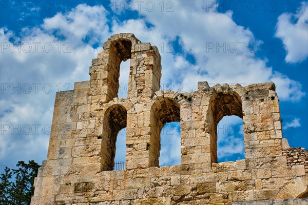 Ruins of Odeon of Herodes Atticus ancient stone Roman theater located on the southwest slope of the Acropolis hill of Athens