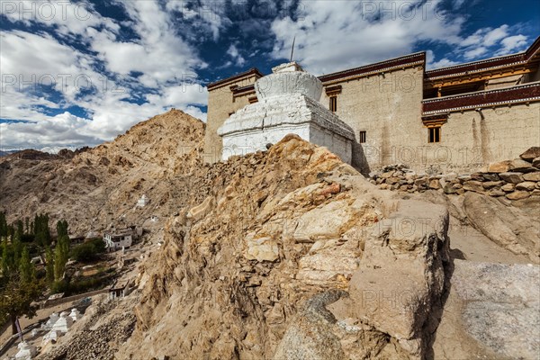 Shey palace and whitewashed chorten in Ladakh