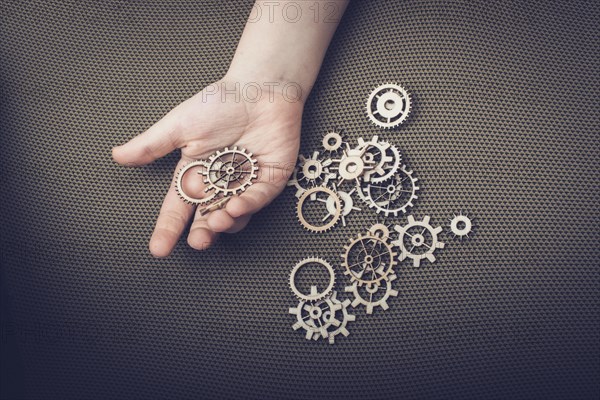 Hand holding gear wheels as the concept of mechanism