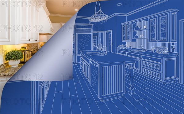 Custom kitchen blueprint drawing with page corner curling to reveal finished construction