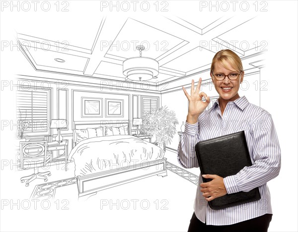 Woman with okay sign over beautiful custom bedroom drawing photo combination