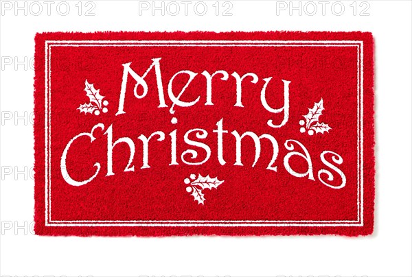 Merry christmas red welcome mat isolated on white background