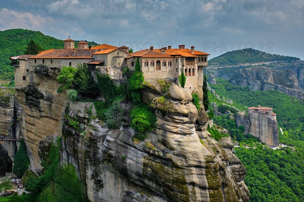 Monastery of Varlaam monastery and Monastery of Rousanou in famous greek tourist destination Meteora in Greece with scenic scenery landscape