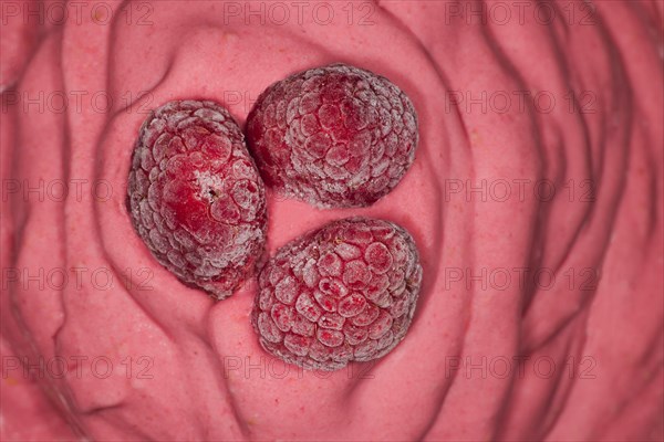 Three frozen raspberries on a raspberry ice cream