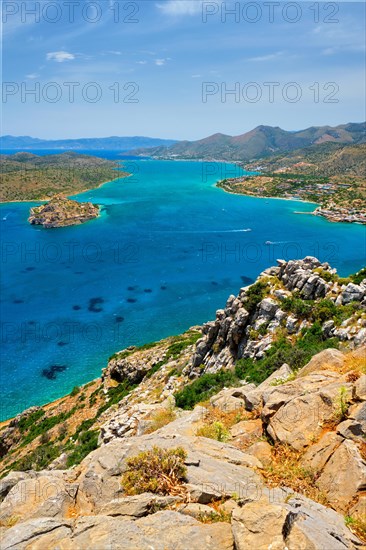 Island of Spinalonga with old fortress former leper colony and the bay of Elounda