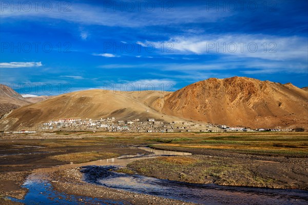 Korzok village at Himalayan lake Tso Moriri on sunrise