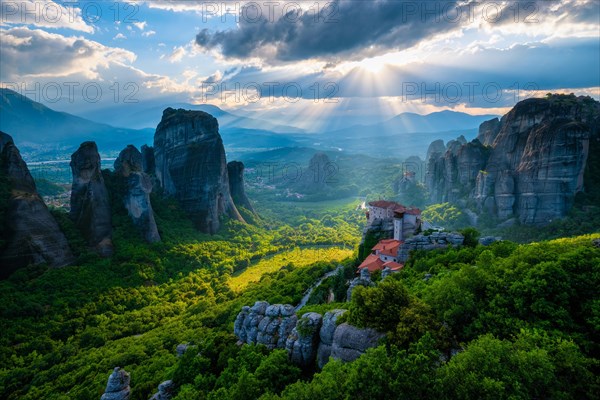 Sunset over monastery of Rousanou and Monastery of St