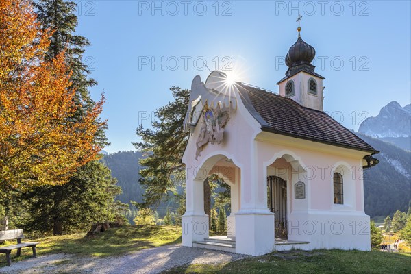 Chapel at Lautersee against Wetterstein Mountains