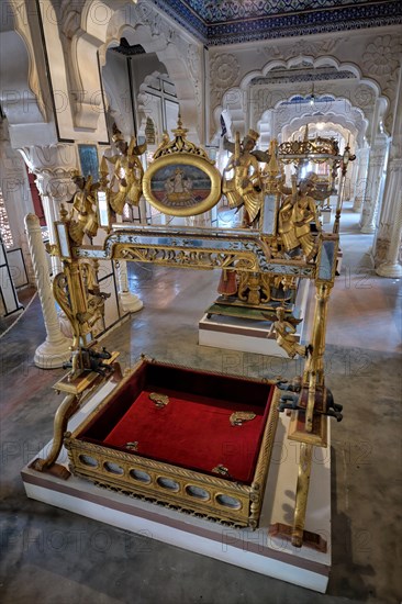 A decorated baby crib for the Maharaja's baby museum exhibition in Mehrangarh fort. Jodhpur