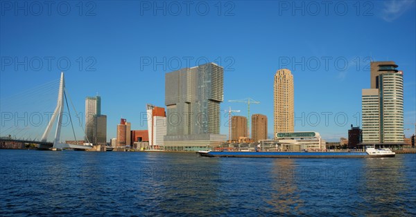 Panorama of Rotterdam skyscrapers skyline and Erasmusbrug bridge view over of Nieuwe Maas river