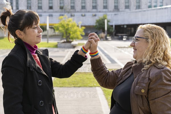 Latina lesbian female couple holding hands in a park