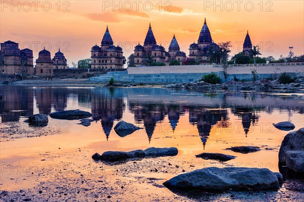 View of Royal cenotaphs of Orchha over Betwa river. Orchha