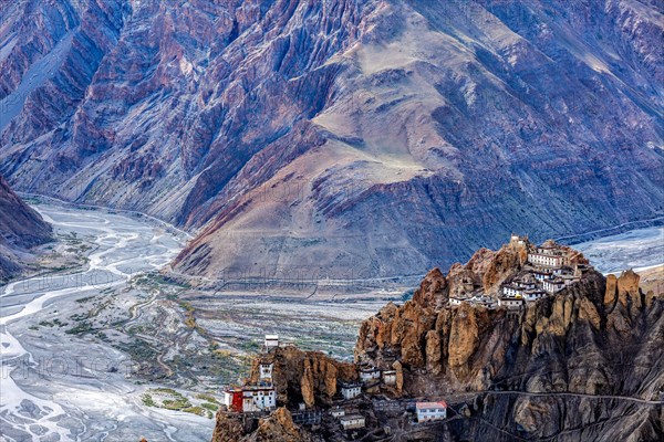 Famous indian tourist landmark Dhankar monastry perched on a cliff in Himalayas