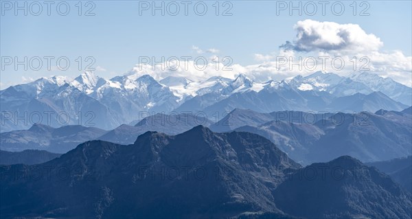 Snow-covered mountain peaks on the main ridge of the Alps