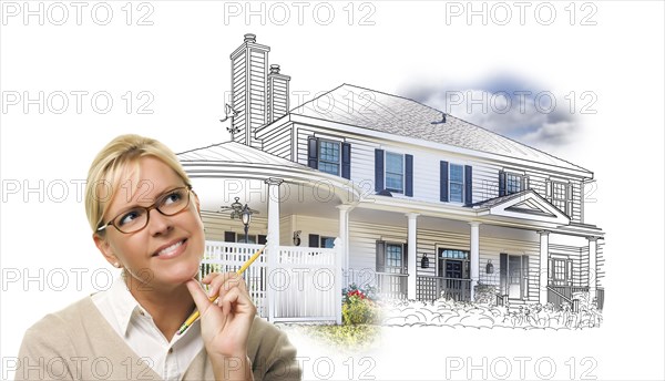 Woman with pencil over house drawing and photo combination on white
