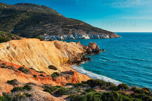 Agios Ioannis greek beach and Aegean sea on sunset