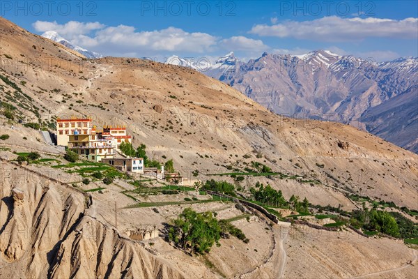 New Dhankar gompa monastery and Dhankar village on sunset