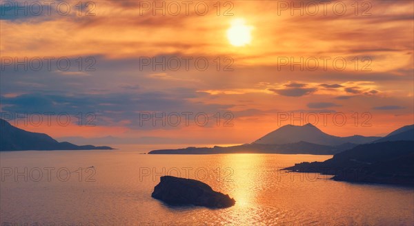 Aegean Sea with Greek islands view on sunset