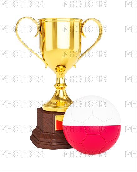 3d rendering of gold trophy cup and soccer football ball with Poland flag isolated on white background