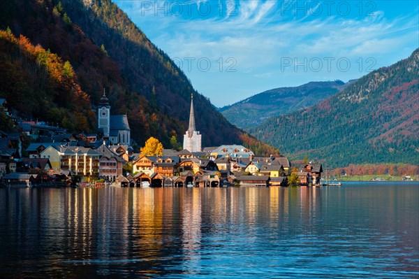 Austrian tourist destination Hallstatt village on Hallstatter See lake in Austrian alps