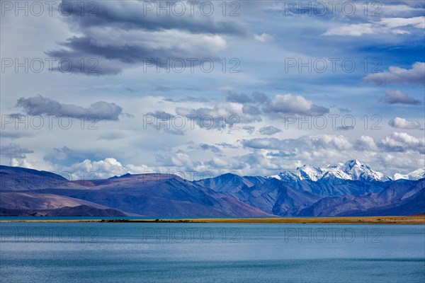 Himalayan mountain lake Tso Moriri in Himalayas. Korzok