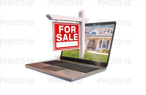 For sale real estate sign popping out of computer laptop screen isolated on a white background