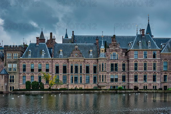 View of the Binnenhof House of Parliament and the Hofvijver lake. The Hague