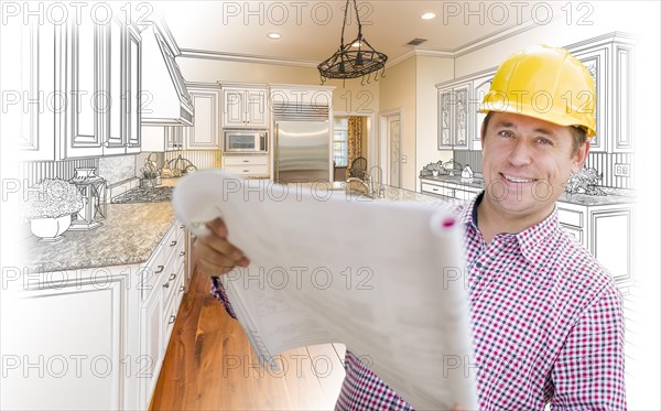 Smiling contractor holding blueprints over custom kitchen drawing and photo combination