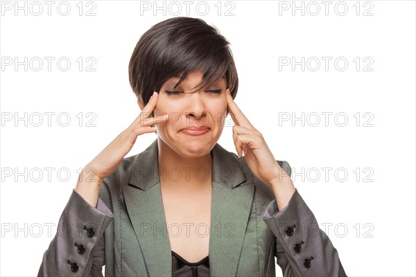 Grimacing biracial girl holding her head with her hands isolated against white background