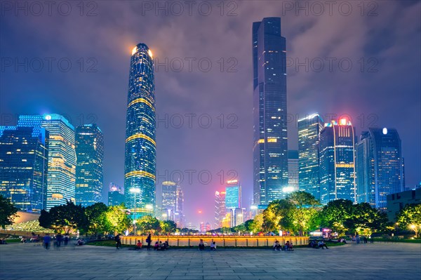 Guangzhou cityscape skyline Flower City Square illuminated in the evening